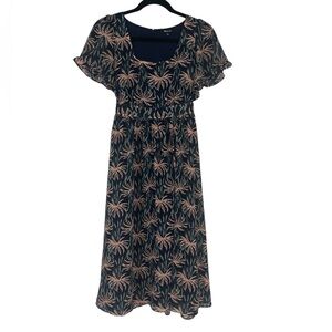 Madewell Oasis Palm Print Ruffle Sleeve Navy Dress Size XS